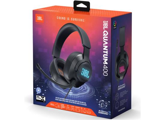 JBL Quantum 400 - USB over-ear gaming headset with game-chat balance dial, JBL QuantumSURROUND and DTS, Voice focus directional flip-up mic and memory foam ear cushions - Black